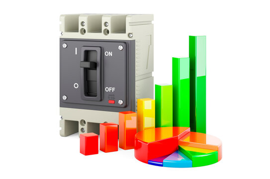 Circuit breaker with growth bar graph and pie chart, 3D rendering