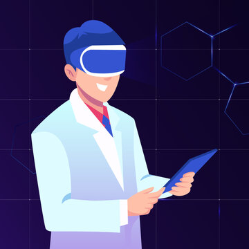 Man scientist experiencing virtual reality using headset. Metaverse digital cyber world technology vector  illustration