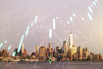 Double exposure of abstract creative financial chart hologram and world map on New York city skyscrapers background, research and strategy concept