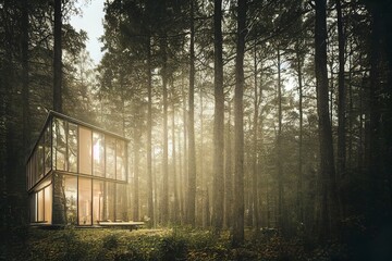Scandinavian-style house with glass walls in the forest illustration
