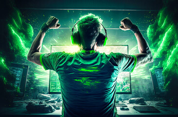 Professional eSports gamer rejoices in the victory and green game room background. Postproducted generative AI digital illustration.
