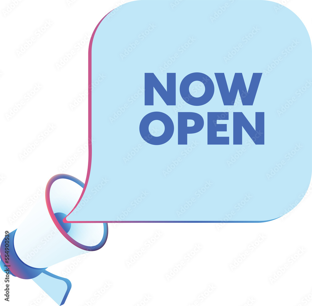 Poster now open text with 3d realistic megaphone vector illustration. banner template to announce news abou