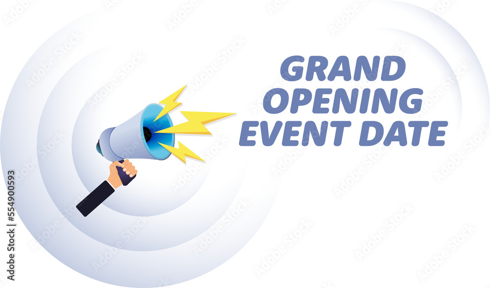 Poster hand hold megaphone. grand opening event date, realistic 3d megaphone, loudspeaker with lightning. s