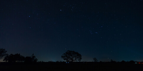 Naklejka premium Universe filled with stars, nebula and galaxy with noise and grain.Photo by long exposure and select white balance.Dark night sky.