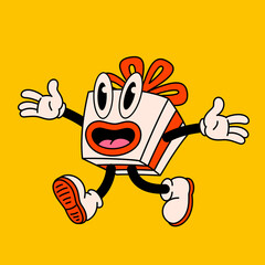 Merry Christmas and Happy New year trendy retro cartoon characters. Groovy hippie Christmas gift box with funny face and feet. Vector Cartoon characters and elements.