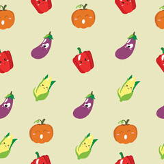 Cute seamless pattern with cartoon vegetables - pumpkin, corn and eggplant. Illustration for cards, posters, flyers, webs and other use.