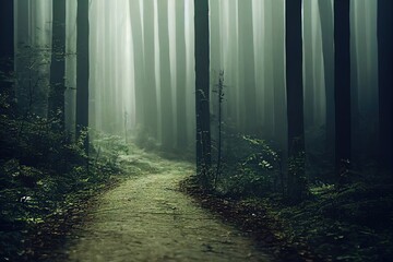 Smokey lane in the forest, blue and grey colors. Dark scary path. Misty fog with sunbeams breaking through. AI generated art.