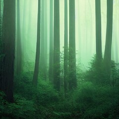 Fototapeta premium Smokey lane in the forest, blue and grey colors. Dark scary path. Misty fog with sunbeams breaking through. AI generated art.