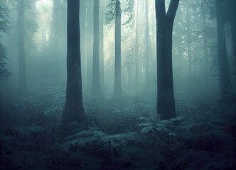 Naklejka premium Smokey lane in the forest, blue and grey colors. Dark scary path. Misty fog with sunbeams breaking through. AI generated art.