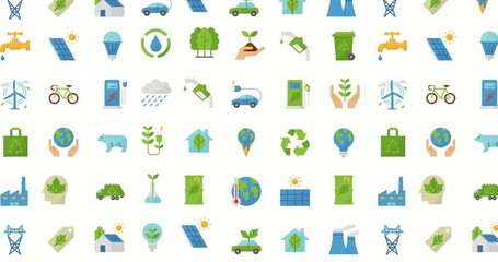 Environmental, green icons in seamless vertical flow. Falling icons background. 