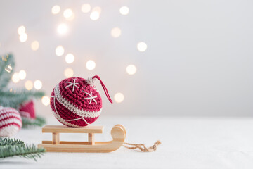 Beautiful cute crocheted christmas ball for decoration Horizontal Banner with copyspace