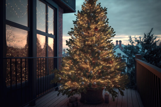 christmas tree illuminated standing outside on terrace at night, ai generated
