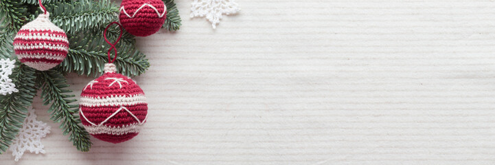 Beautiful cute crocheted christmas balls for decoration Horizontal Banner with copyspace