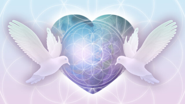 Heart shaped Earth with two doves and flower of life sacred geometry 3D illustration, Thumbnail, Cover Image