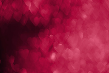 Trendy viva magenta, pink red hearts, sparkling glitter bokeh background, valentines day abstract...