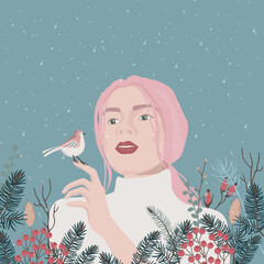 Young beautiful caucasian girl with a bird in her hand. Winter vector illustration with spruce branches and portraits of woman.