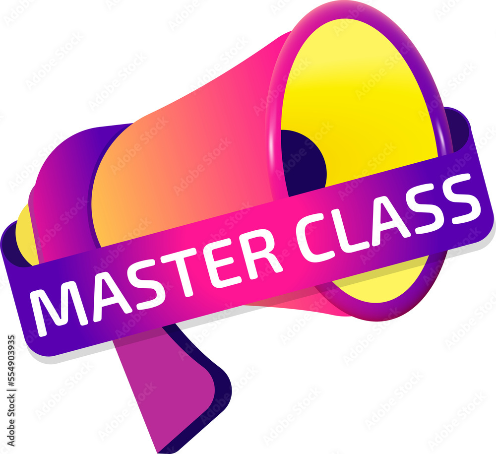 Poster master class banner label, badge icon with megaphone. flat design