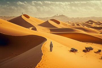 Fototapeta na wymiar Generative ai illustration people traveling dune desert.