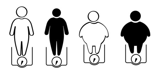 Diet scale or weighing scale. Balance concept. Bathroom weight scale icon. World diabetes day. People on unhealthy with overweight, obesity problem. Fat, calories, and stickman, stick figure man. - obrazy, fototapety, plakaty