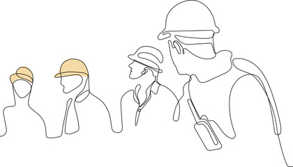 Close up of young Caucasian worker with helmet on head using tablet for work while standing in warehouse. Surveyor with a tripod icon. Geodesic tripod. Vector illustration