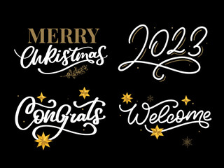 Merry Christmas set 2023 Happy New Year, typography lettering badge emblems quotes set collection. Vector logo design for postcard, invitation, greeting card, poster, gift.