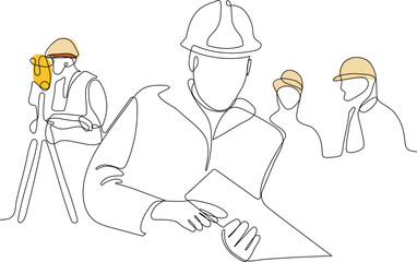 Close up of young Caucasian worker with helmet on head using tablet for work while standing in warehouse. Surveyor with a tripod icon. Geodesic tripod. Vector illustration