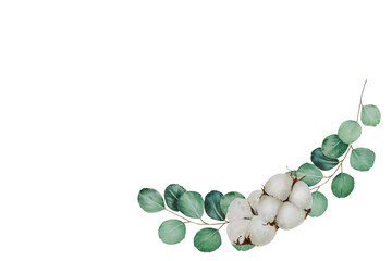 Bouquet with cotton flowers and eucalyptus branches watercolor