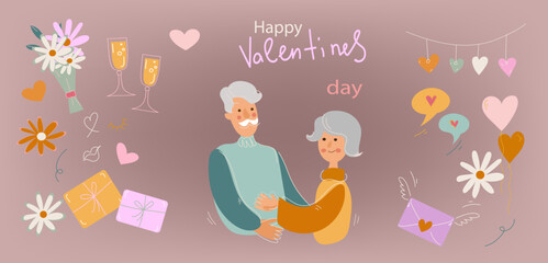 Valentines day, Elderly Men and  women they congratulate each other, Loving Elderly Couple, Aged Characters Dating,  concept banner, poster modern flat doodle vector illustration