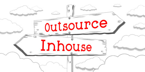 Outsource, inhouse - outline signpost with two arrows