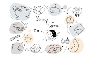 Sleep hygiene set, alarm clock, sleep mask , herbal tea ,comfortable pillow, vector doodle hand drawn sketch illustration