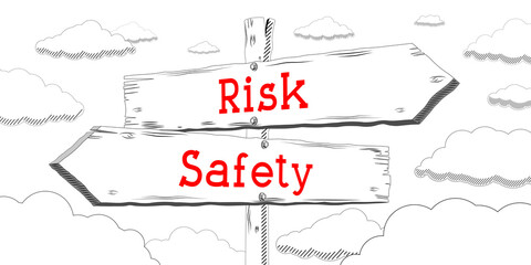 Risk, safety - outline signpost with two arrows