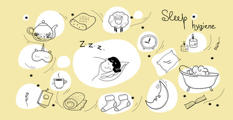 Sleep hygiene set, alarm clock, sleep mask , herbal tea ,comfortable pillow, vector doodle hand drawn sketch illustration