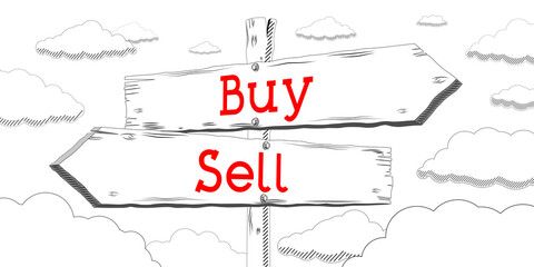Buy and sell - outline signpost with two arrows