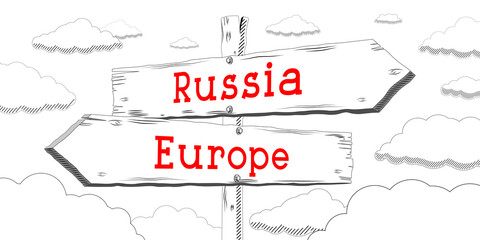 Russia and Europe - outline signpost with two arrows