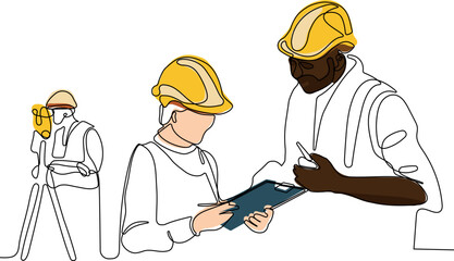 Close up of young Caucasian worker with helmet on head using tablet for work while standing in warehouse. Surveyor with a tripod icon. Geodesic tripod. Vector illustration