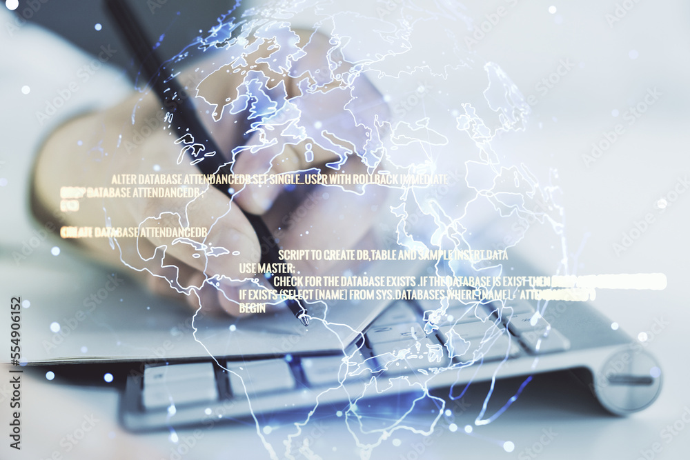 Poster double exposure of abstract creative programming illustration with world map and hand writing in not
