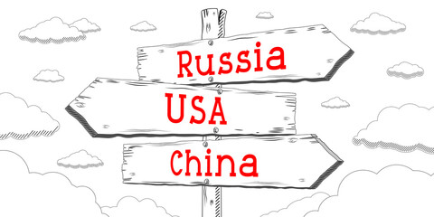 Russia, USA, China - outline signpost with three arrows