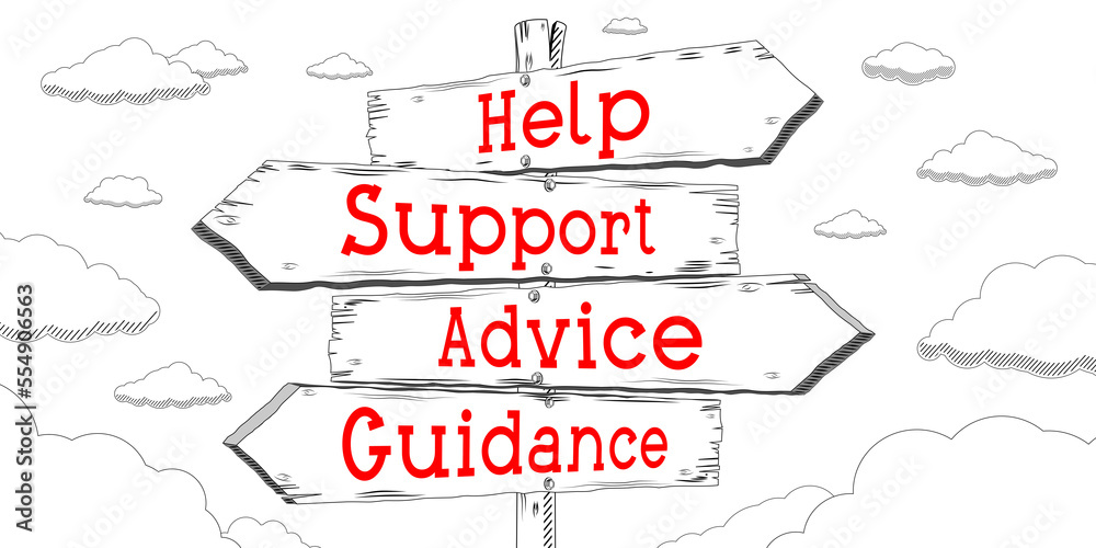 Poster Help, support, advice, guidance - outline signpost with four arrows