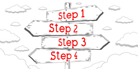 Step 1, 2, 3, 4 - outline signpost with four arrows