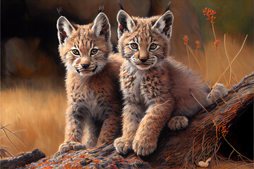 Obraz premium Lynx cubs oil painting generative art