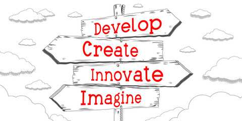 Develop, create, innovate, imagine - outline signpost with four arrows