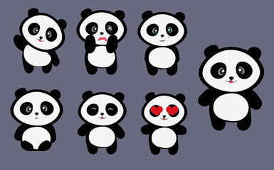 set of cute cartoon pandas with different emotions,happy, sad, scared panda. Vector illustration for kids. funny bear