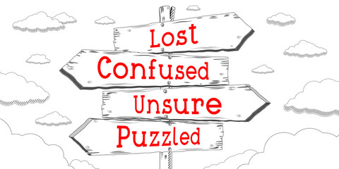 Lost, confused, unsure, puzzled - outline signpost with four arrows