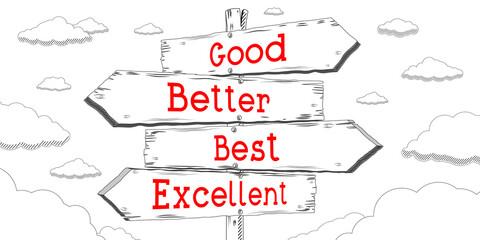 Good, better, best, excellent - outline signpost with four arrows