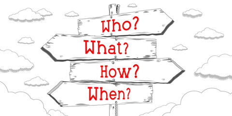 Who, what, how, when - outline signpost with four arrows