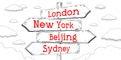 London, New York, Beijing, Sydney - outline signpost with four arrows