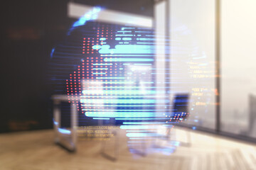 Abstract creative coding concept with world map and modern desktop with computer on background. Multiexposure