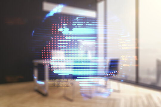 Abstract creative coding concept with world map and modern desktop with computer on background. Multiexposure - Powered by Adobe