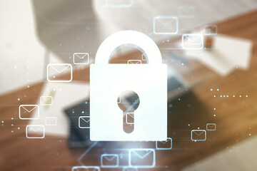 Creative light lock illustration with postal envelopes and modern desktop with pc on background, cyber security and email protection concept. Multiexposure