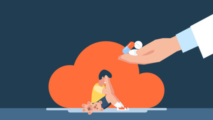 The doctor gives medicine for kid. The child is afraid of treatment. Caring for immunity. Healthcare. Scared little boy. The doctor holds medicine in his hand. Help the patient. Vector illustration.